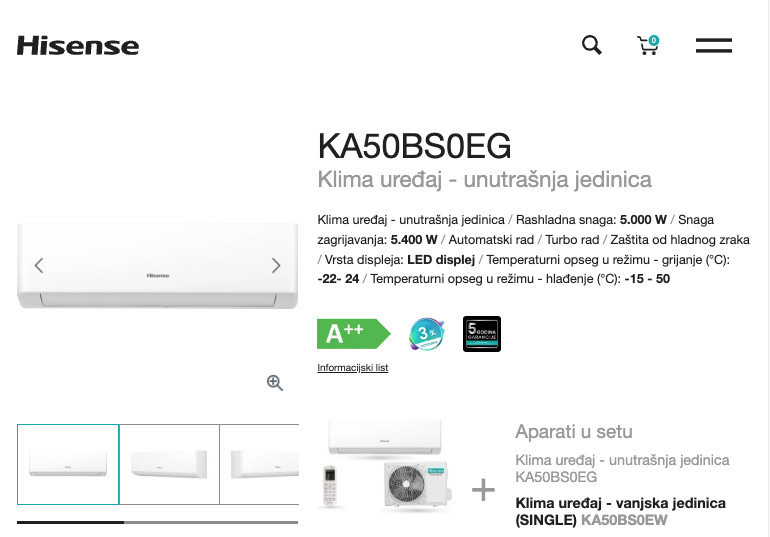 Hisense klima 18 KA50 INVERTER -22 SE HiNano vanjski grijac — fotografija 1