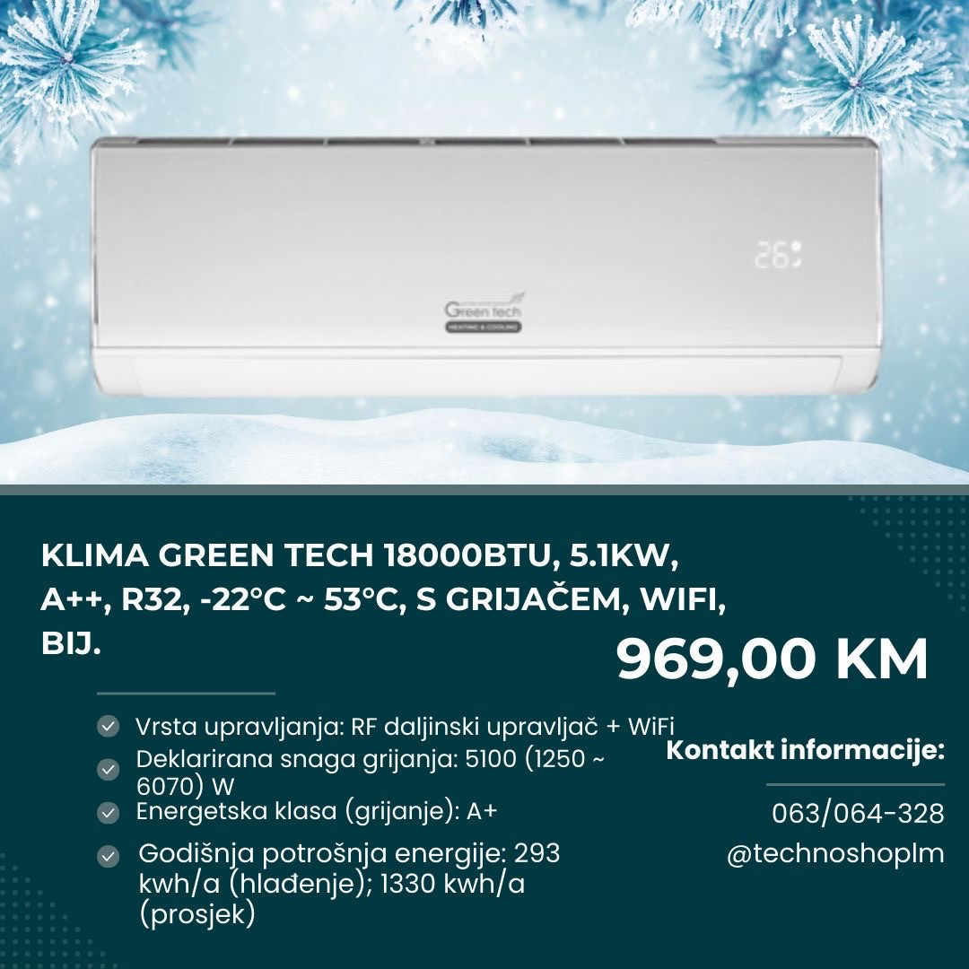 Klima Green Tech 18000BTU, 5.1kW, A++, R32, -22C-53C,grijač, WiFi — fotografija 1