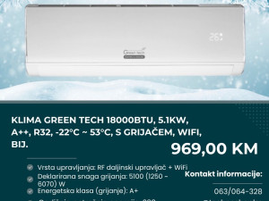 Klima Green Tech 18000BTU, 5.1kW, A++, R32, -22C-53C,grijač, WiFi