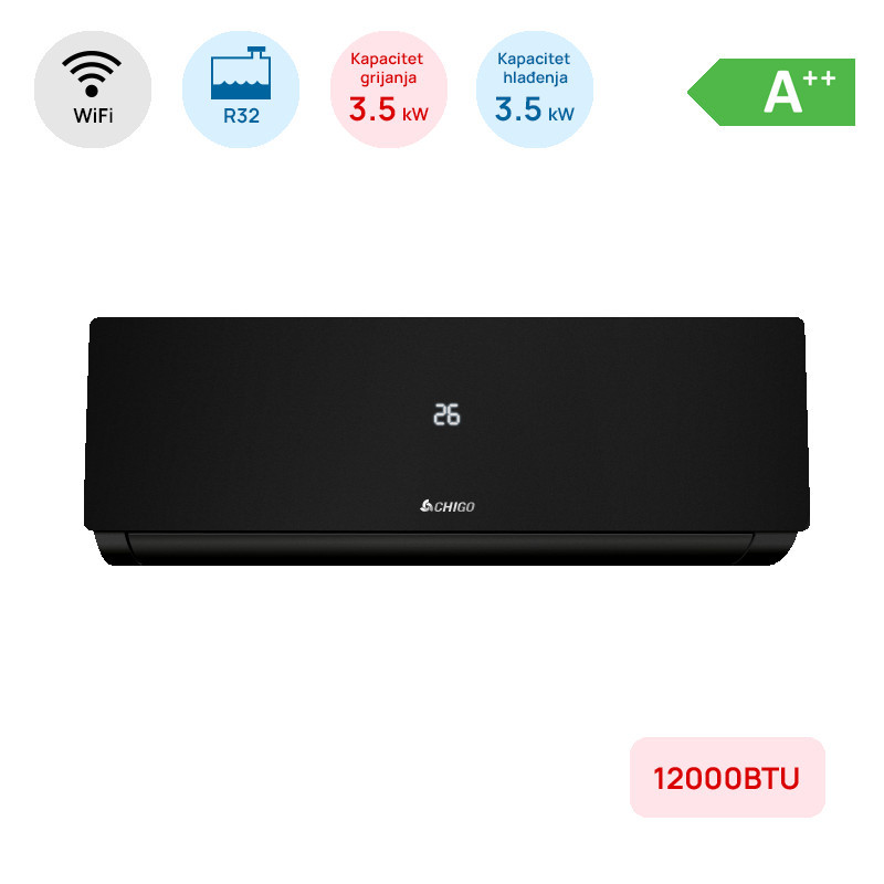 Klima Chigo 12000BTU, 3.5kW, A++, R32, -25 C grijač, WiFi, crna — fotografija 1