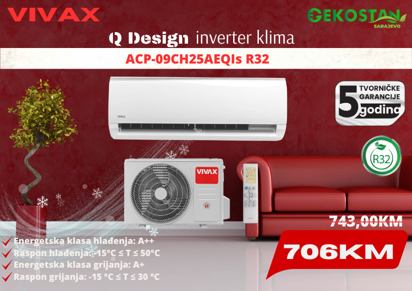 Klima inverter VIVAX Q Design 9-ka 2,6/2,9kW R32 — fotografija 1