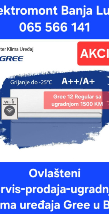 AKCIJA Klima Gree Regular -25 sa mont. 1500 KM B.LUKA Elektromont — fotografija 1