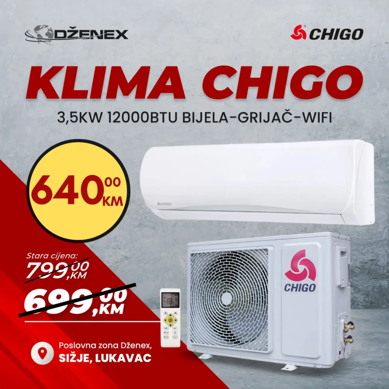 Klima inverter 3,50kW CHIGO 12000BTU Wi-Fi 12-ka Grijač — fotografija 1