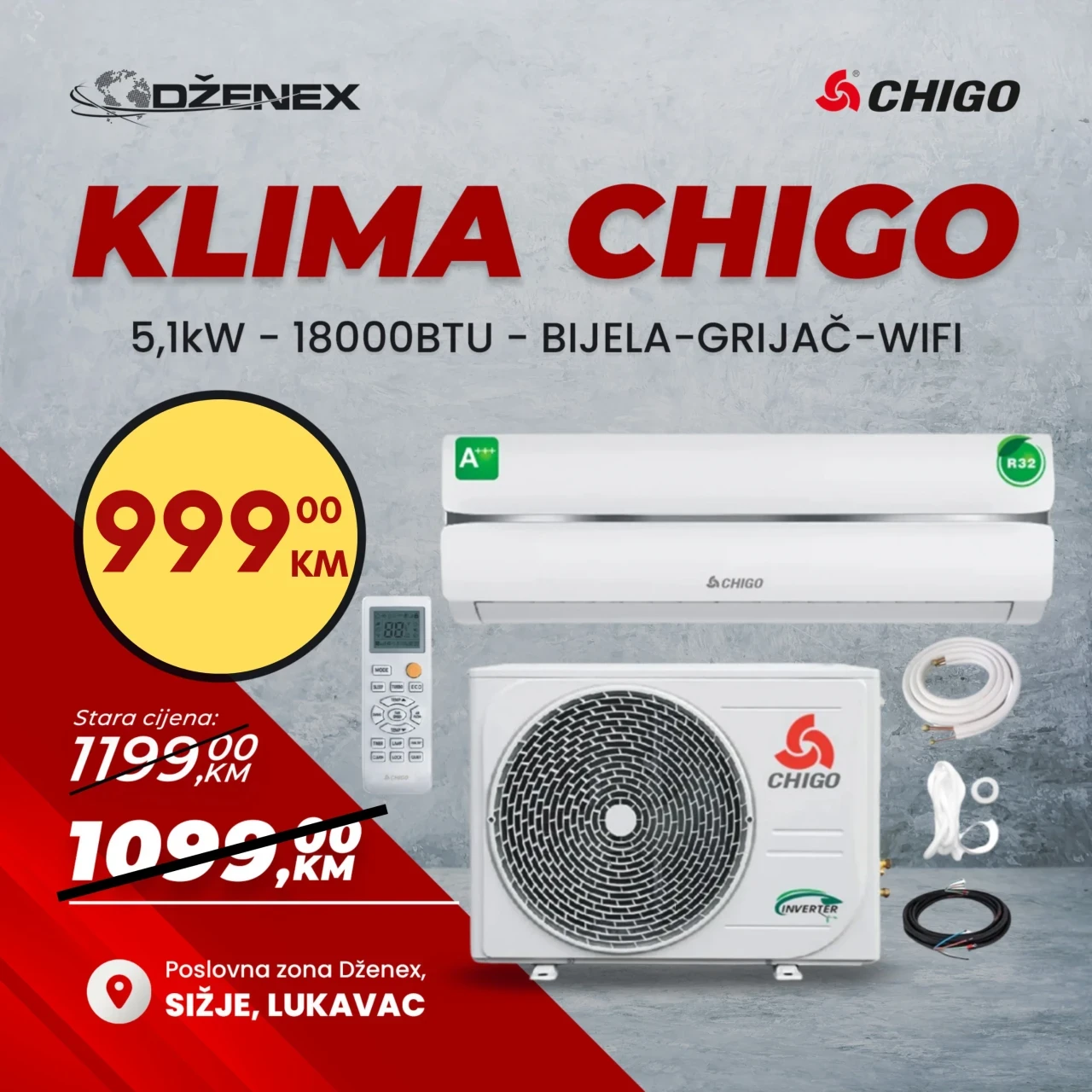 Klima inverter 5,10kW CHIGO 18000BTU Wi-Fi 18-ka Grijač — fotografija 1