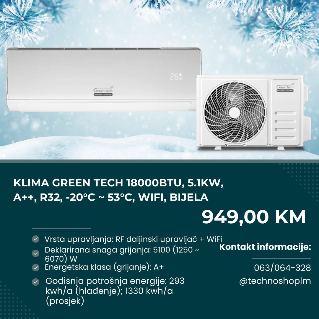 Klima Green Tech 18000BTU, 5.1kW, A++, R32, -20C-53C, WiFi — fotografija 1