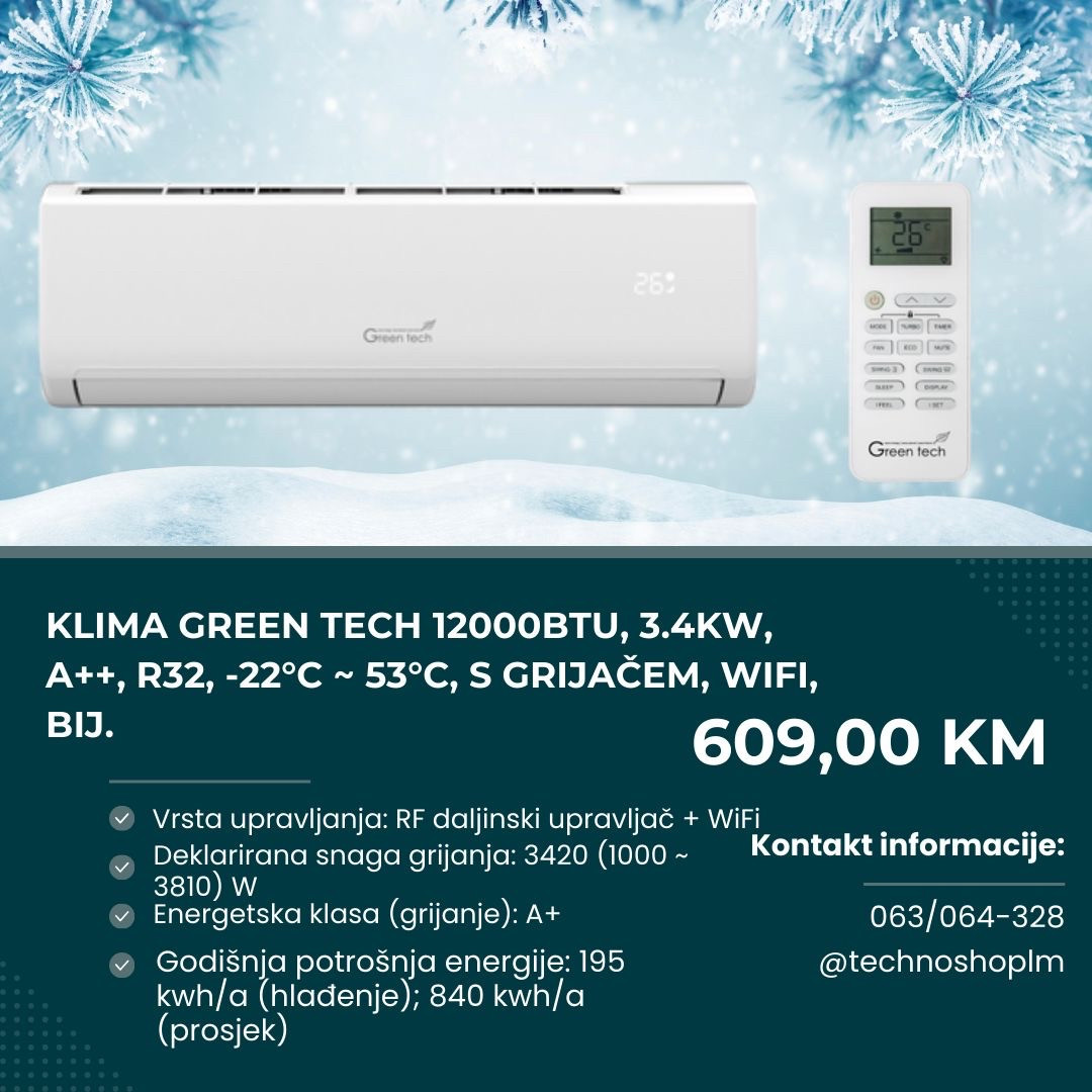 Klima Green Tech 12000BTU, 3.4kW, A++, R32,-22C-53C,grijač, WiFi — fotografija 1