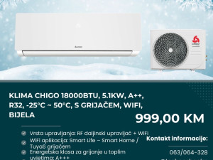 Klima Chigo 18000BTU, 5.1kW, A++, R32, -25C-50C, grijač, WiFi