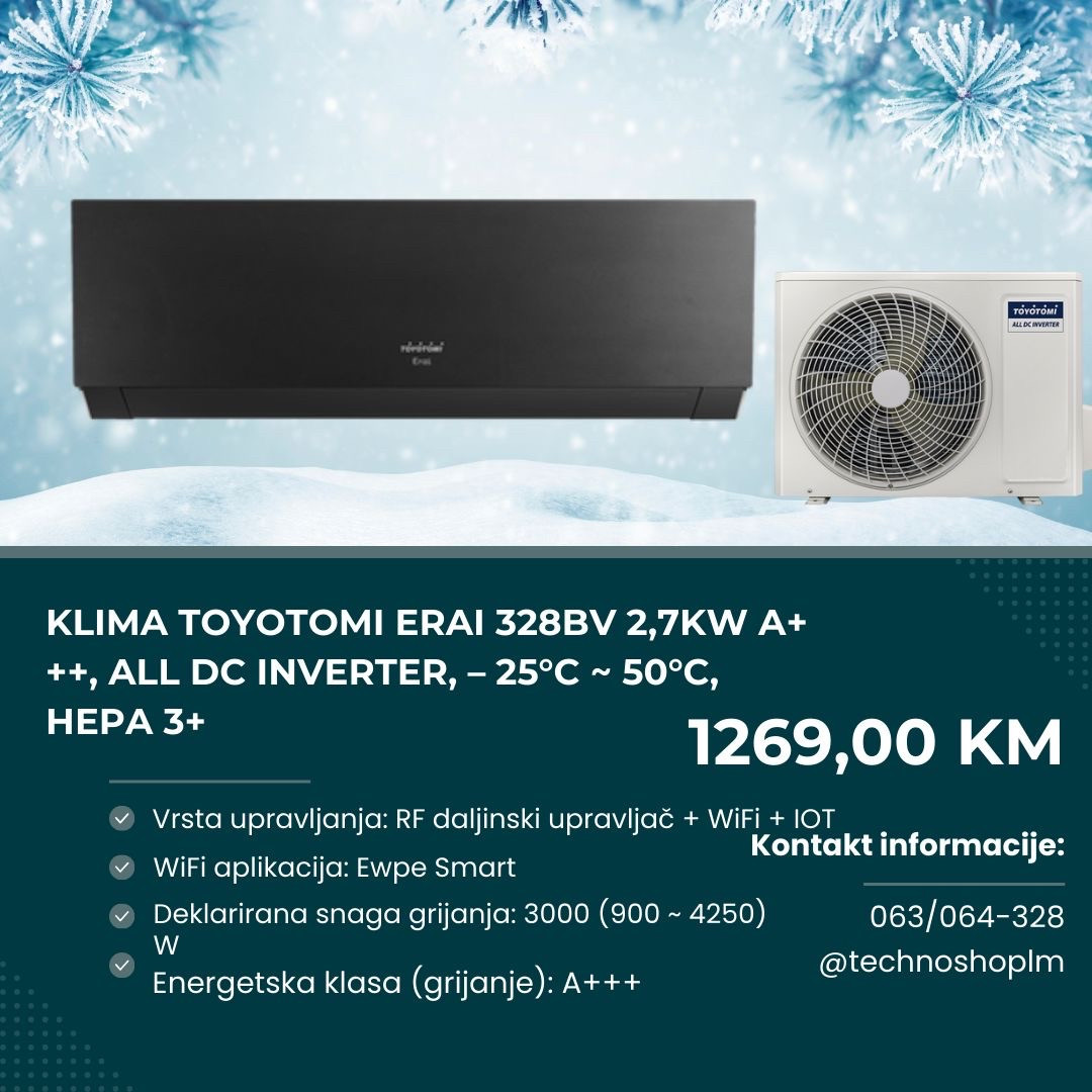 Klima TOYOTOMI Erai 328BV 2,7kW A+++,Inverter, -25C-50C, HEPA 3+ — fotografija 1