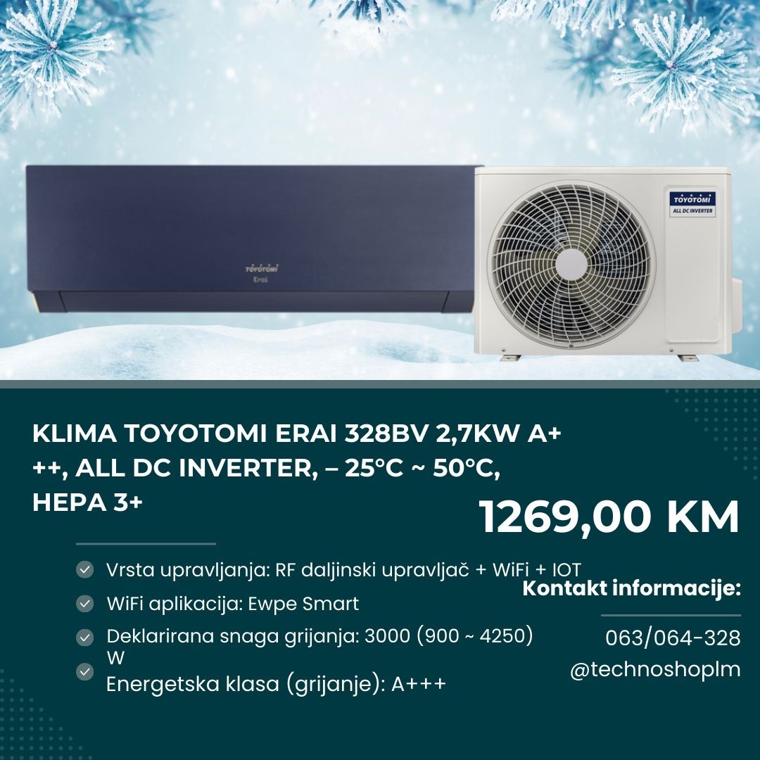 Klima TOYOTOMI Erai 328BV 2,7kW A+++,Inverter, -25C-50C, HEPA 3+ — fotografija 1