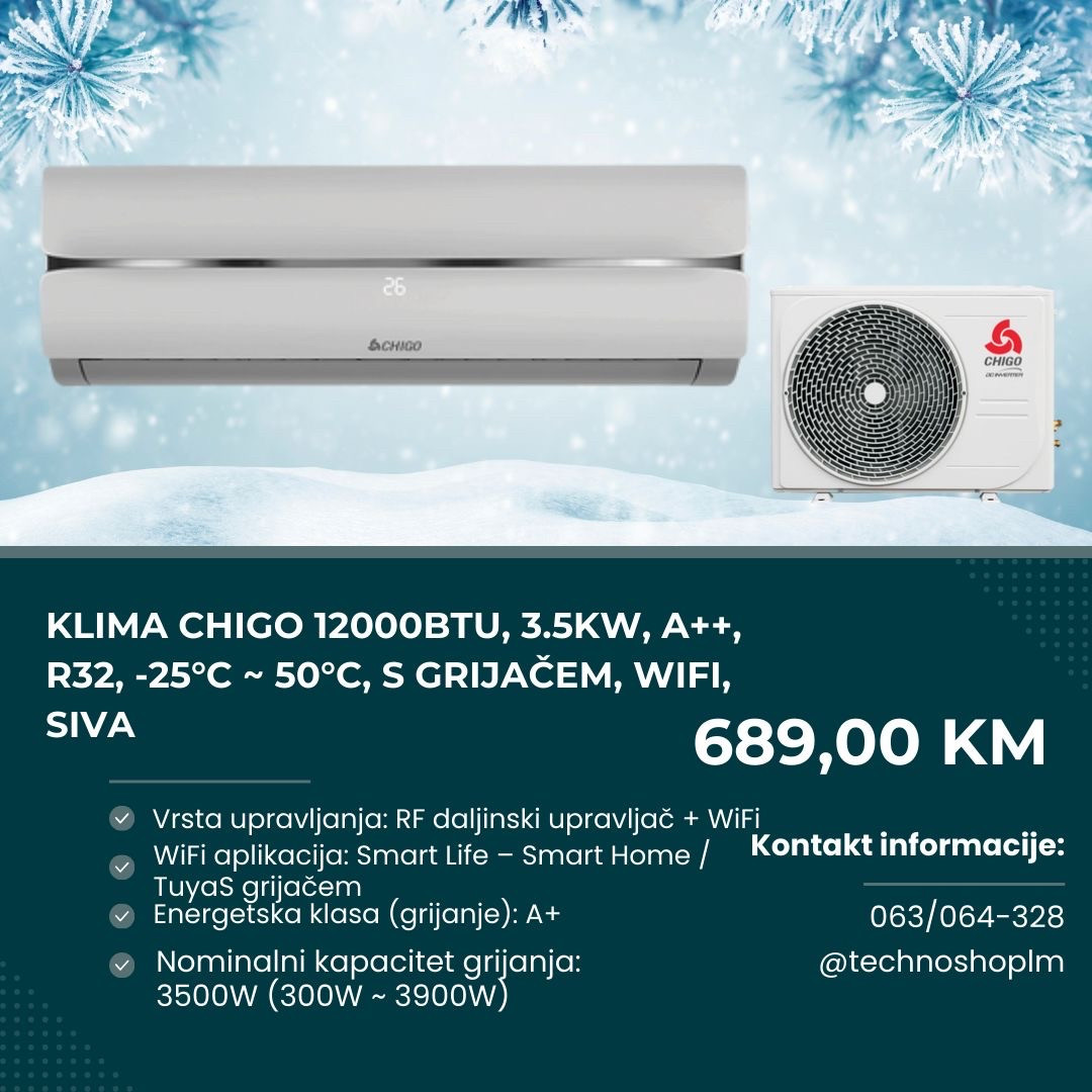 Klima Chigo 12000BTU, 3.5kW, A++, R32, -25C-50C, s grijačem, WiFi — fotografija 1