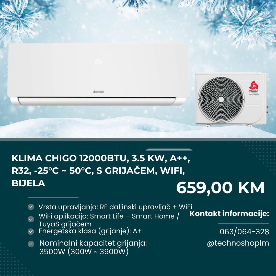 Klima Chigo 12000BTU, 3.5 kW, A++, R32, -25C-50C, grijač, WiFi — fotografija 1