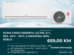 Klima Chigo 12000BTU, 3.5 kW, A++, R32, -25C-50C, grijač, WiFi