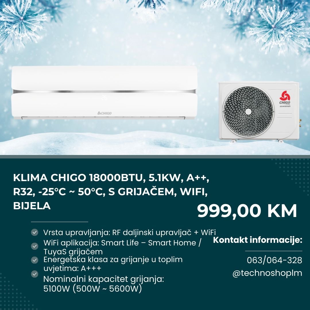 Klima Chigo 18000BTU, 5.1kW, A++, R32, -25C-50C, grijač, WiFi — fotografija 1