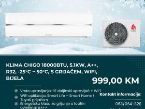 Klima Chigo 18000BTU, 5.1kW, A++, R32, -25C-50C, grijač, WiFi