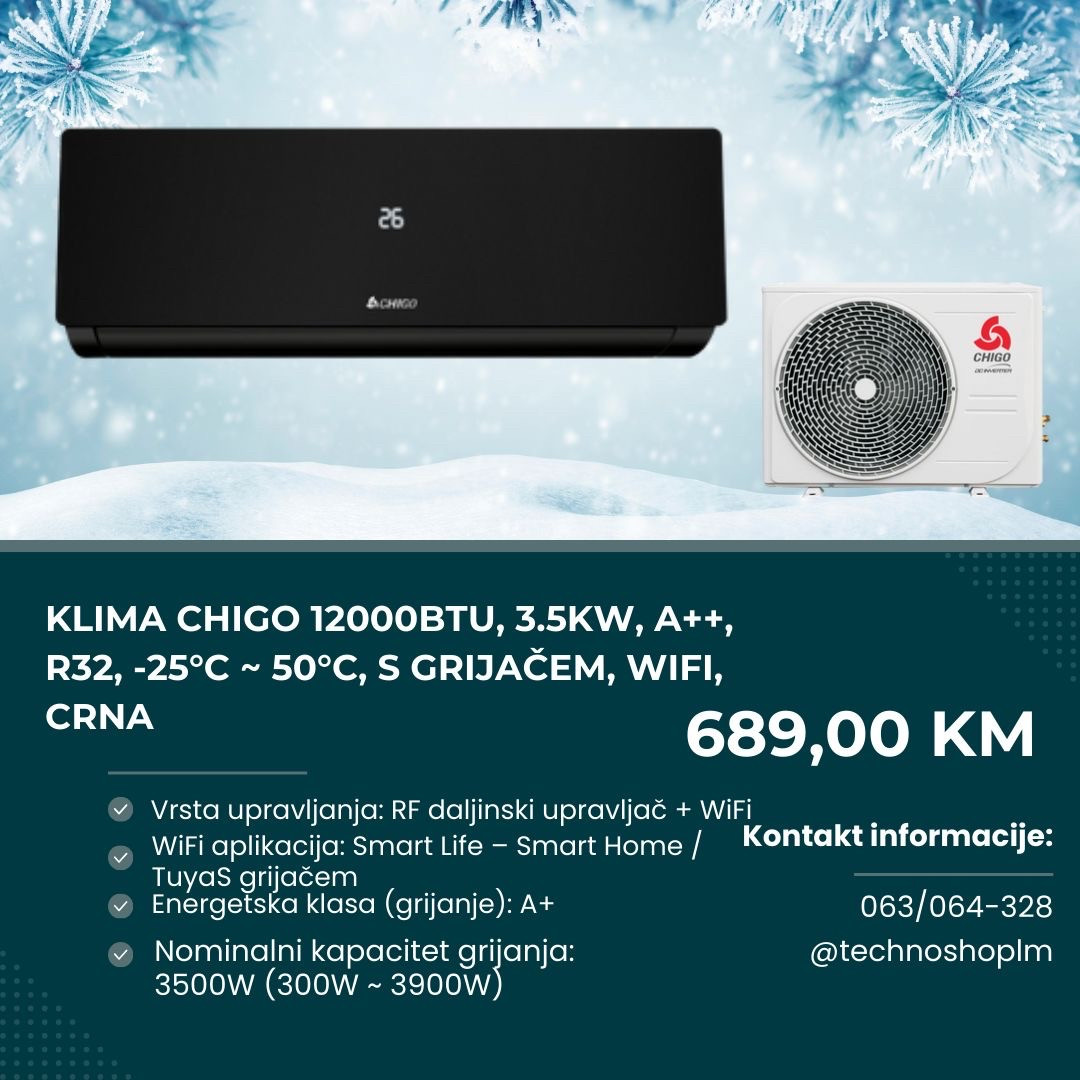 Klima Chigo 12000BTU, 3.5kW, A++, R32, -25C-50C, grijač, WiFi — fotografija 1