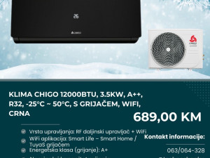 Klima Chigo 12000BTU, 3.5kW, A++, R32, -25C-50C, grijač, WiFi