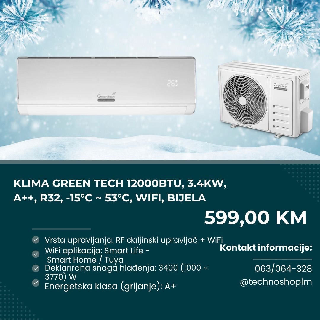 Klima Green Tech 12000BTU, 3.4kW, A++, R32, -15C -53C, WiFi — fotografija 1