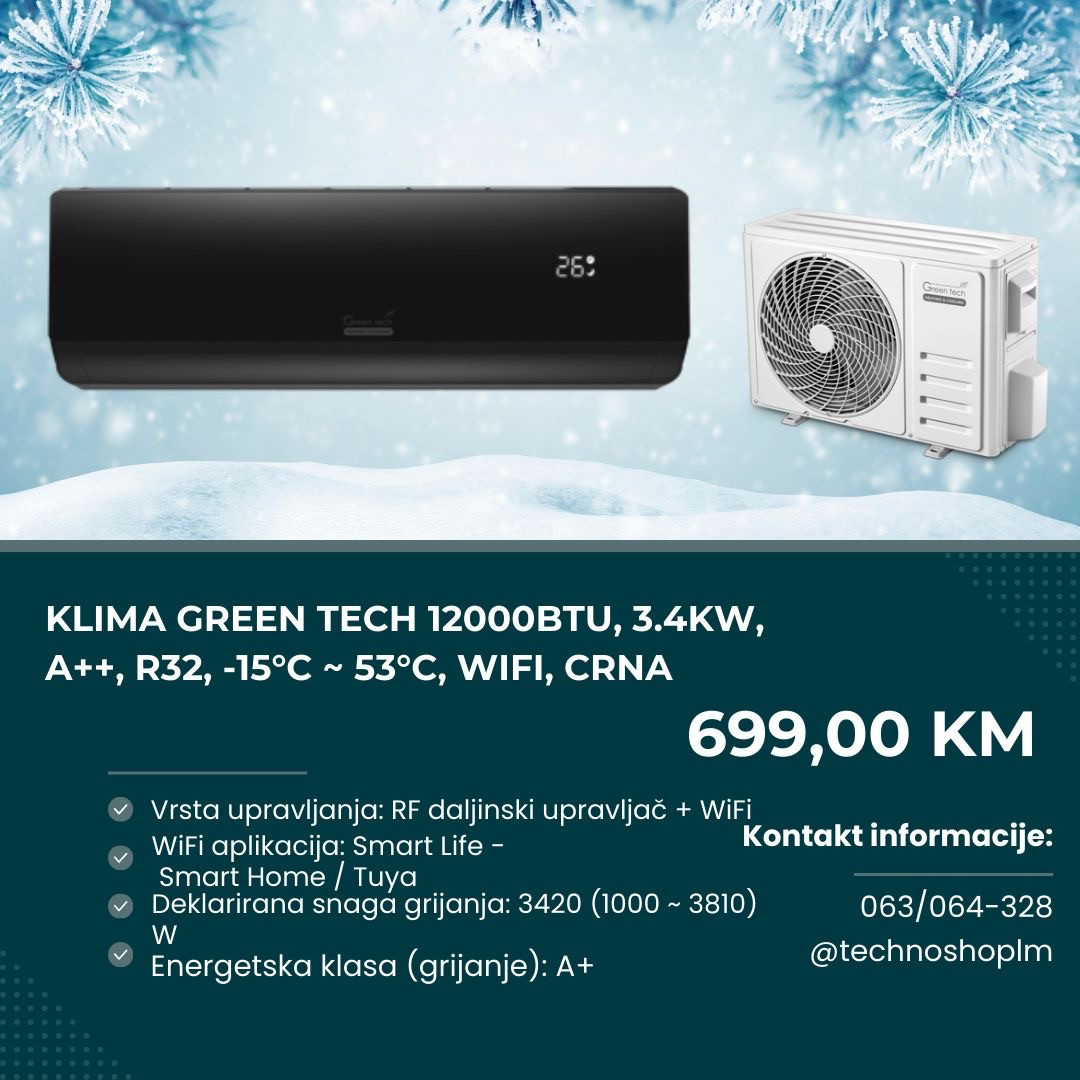 Klima Green Tech 12000BTU, 3.4kW, A++, R32, -15C -53C, WiFi — fotografija 1