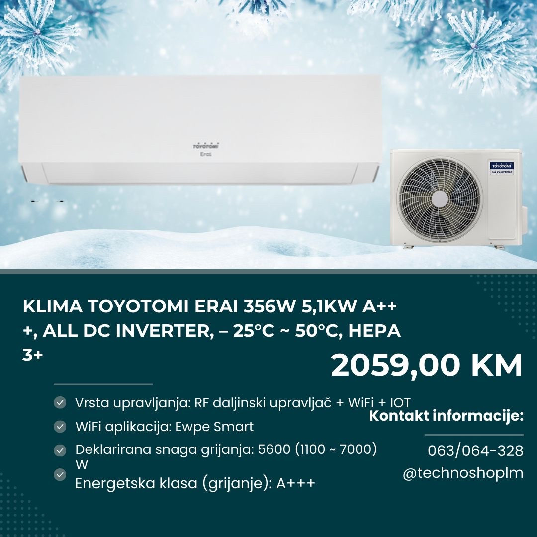 Klima TOYOTOMI Erai 356W 5,1kW A+++, Inverter, -25C-50C,HEPA 3+ — fotografija 1