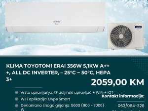 Klima TOYOTOMI Erai 356W 5,1kW A+++, Inverter, -25C-50C,HEPA 3+