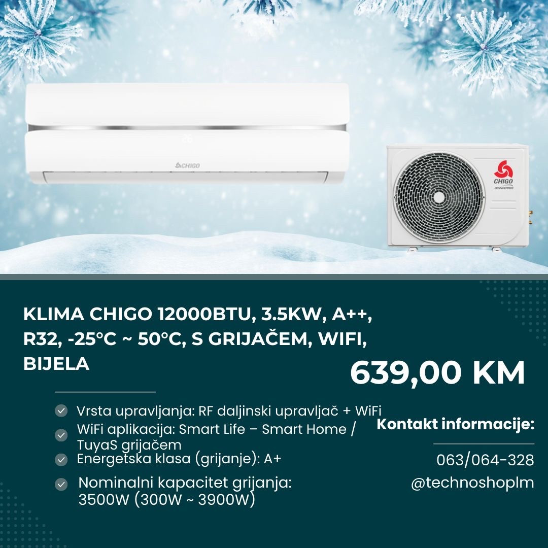 Klima Chigo 12000BTU, 3.5kW, A++, R32, -25C-50C, s grijačem, WiFi — fotografija 1