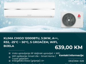 Klima Chigo 12000BTU, 3.5kW, A++, R32, -25C-50C, s grijačem, WiFi