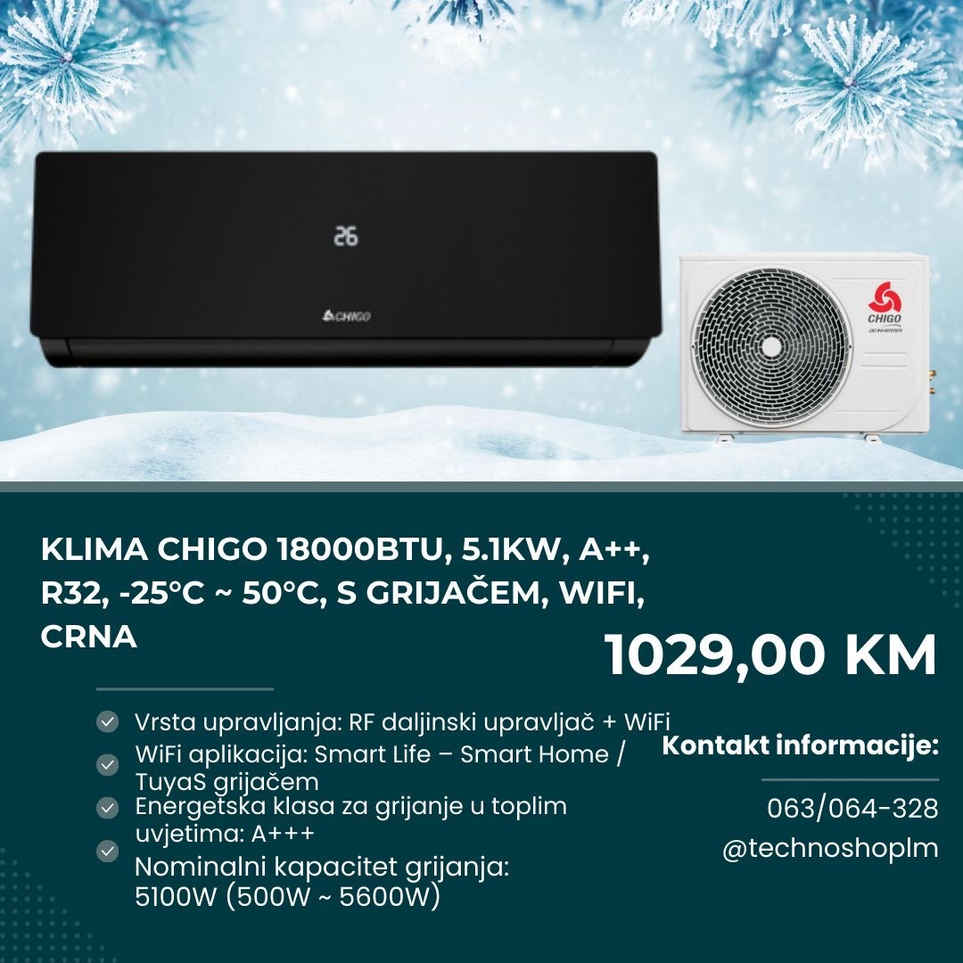 Klima Chigo 18000BTU, 5.1kW, A++, R32, -25C-50C, grijač, WiFi — fotografija 1