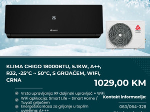 Klima Chigo 18000BTU, 5.1kW, A++, R32, -25C-50C, grijač, WiFi