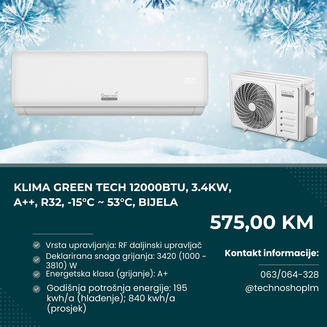 Klima Green Tech 12000BTU, 3.4kW, A++, R32, -15C -53C, — fotografija 1