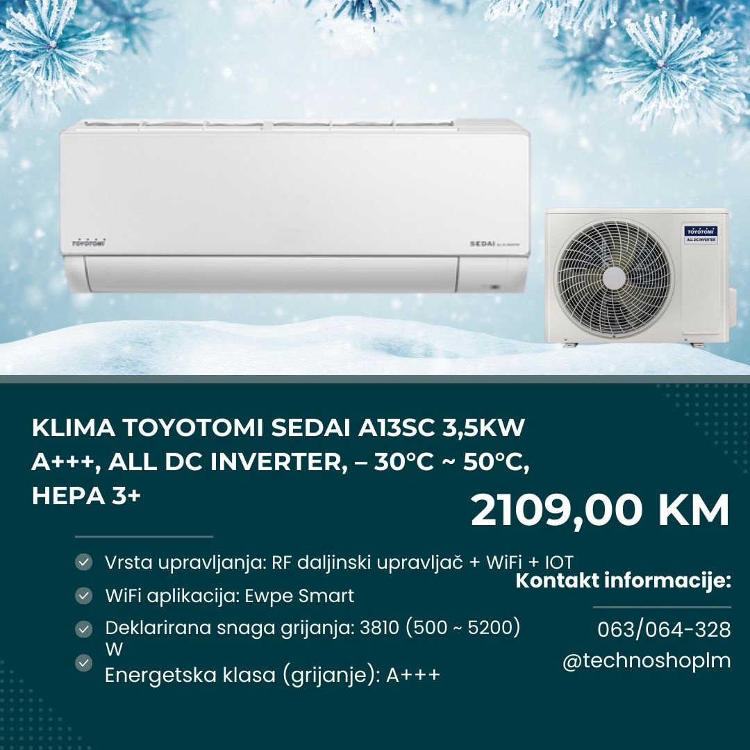 Klima TOYOTOMI Sedai A13SC 3,5kW A+++,Inverter, -30C-50C, HEPA 3+ — fotografija 1