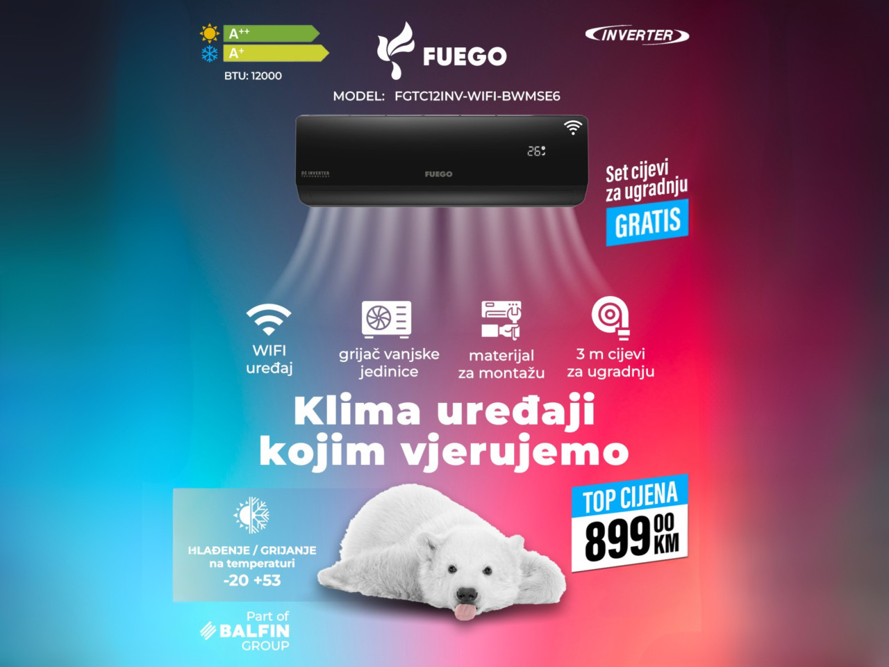 Klima FUEGO INVERTER 12KA -20 A++ BWMSE6 GRIJAČ VANJSKE — fotografija 1