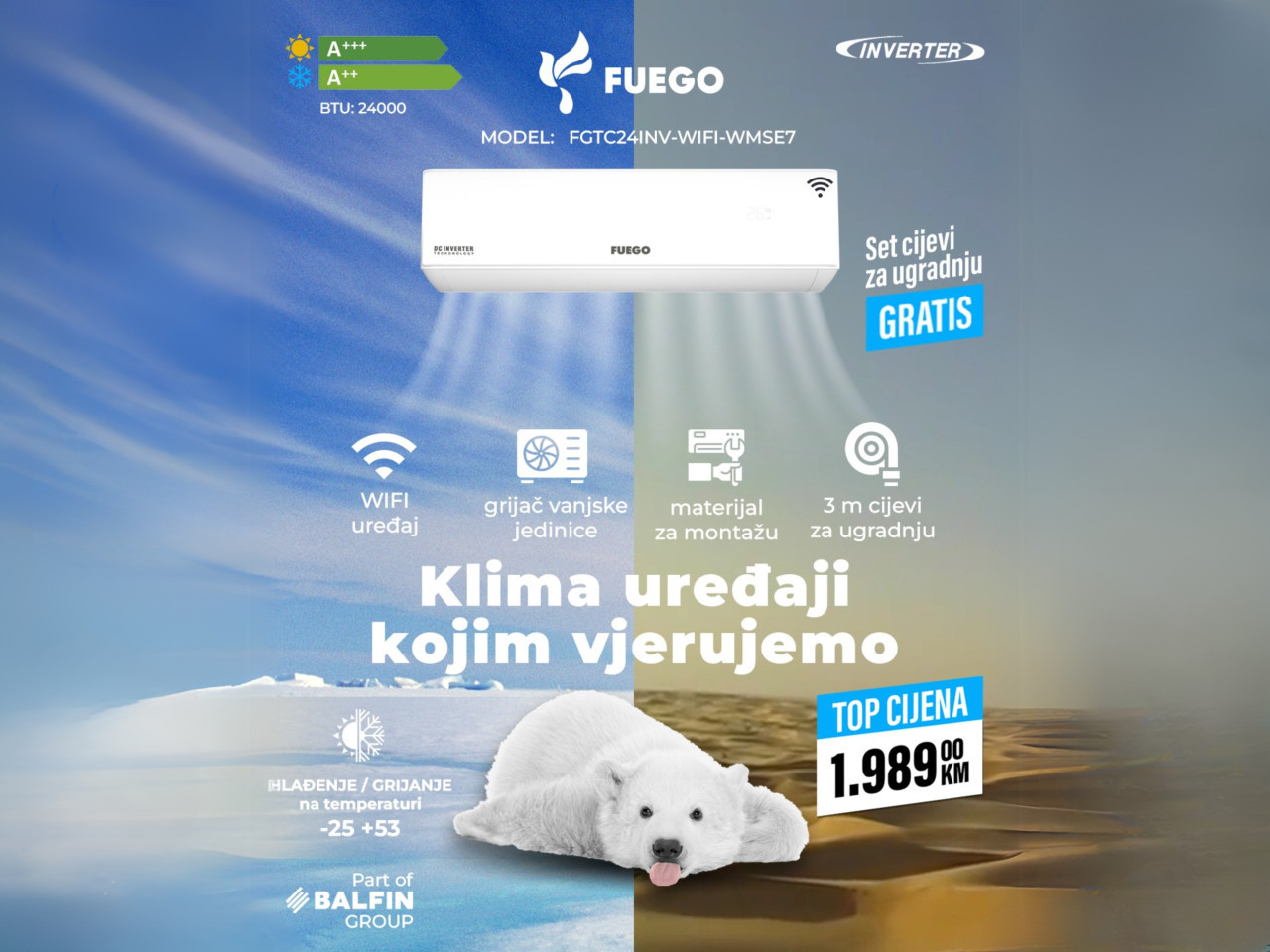 Klima FUEGO INVERTER 24KA -25 A+++ WMSE7 GRIJAČ VANJSKE — fotografija 1