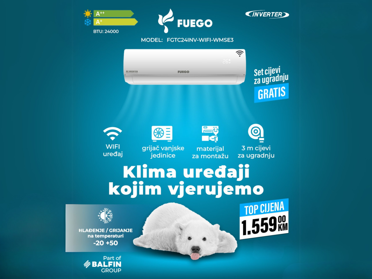 Klima FUEGO INVERTER 24KA -20 A++ WMSE3 GRIJAČ VANJSKE — fotografija 1