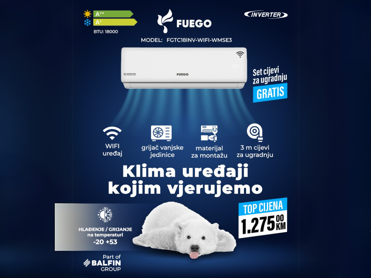 Klima FUEGO INVERTER 18KA -20 A++ WMSE3 GRIJAČ VANJSKE — fotografija 1