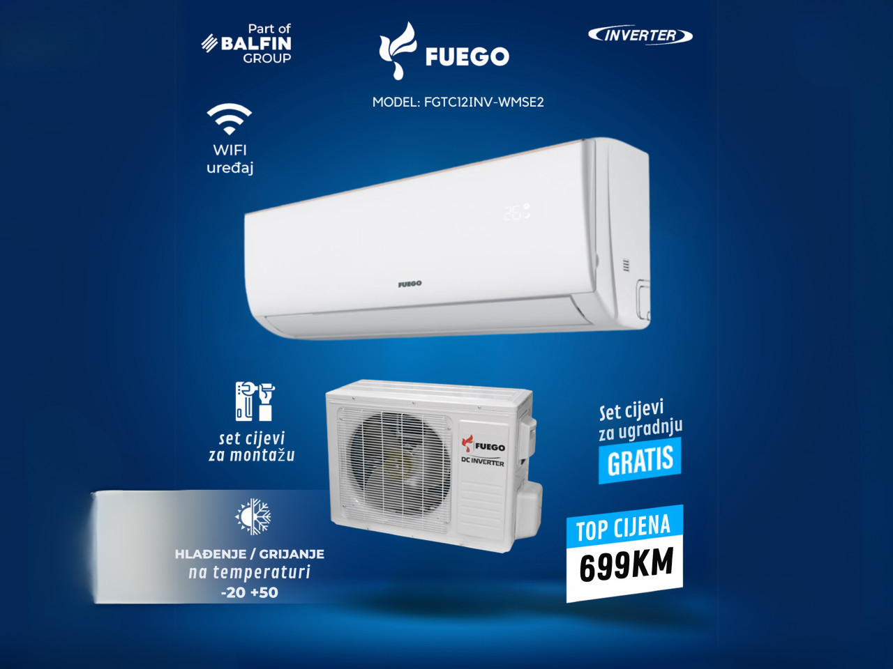 Klima FUEGO INVERTER 12KA -20 A++ WMSE2 GRATIS CIJEVI — fotografija 1