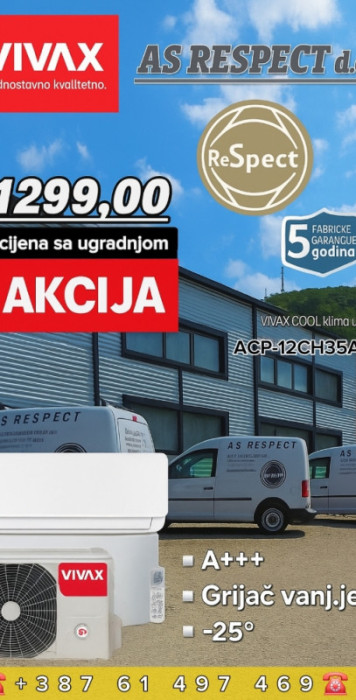 Klima inverter VIVAX AERI 12 sa montazom 1299,00 KM UGRADNJA — fotografija 1