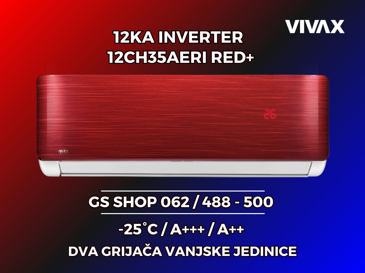 Klima VIVAX 12KA INVERTER -25 A+++ 12CH35AERI RED+ — fotografija 1