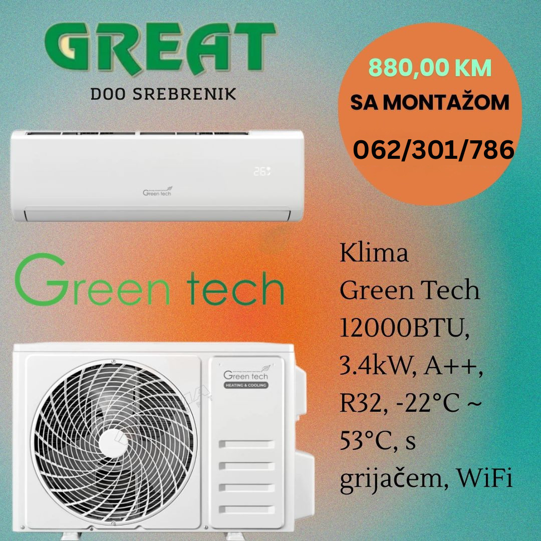 Klima Green Tech 12000BTU, 3.4kW, A++, R32, -22C s grijačem, WiFi — fotografija 1