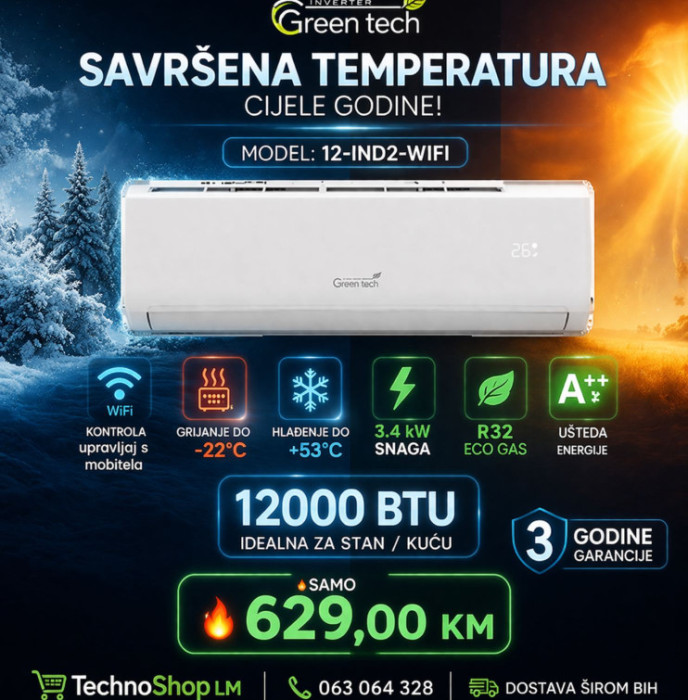 Green Tech 12-IND2 WiFi Klima 3.4kW A++ 12000BTU — fotografija 1