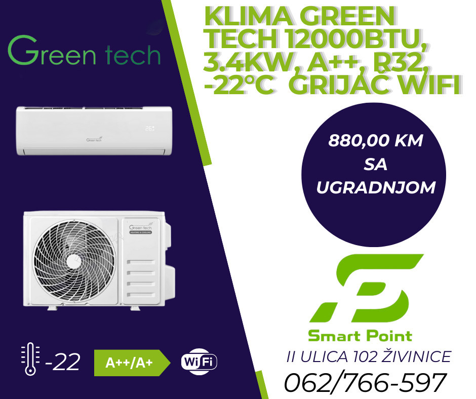 Klima Green Tech 12000BTU, 3.4kW, A++, R32, -22C s grijačem, WiFi — fotografija 1