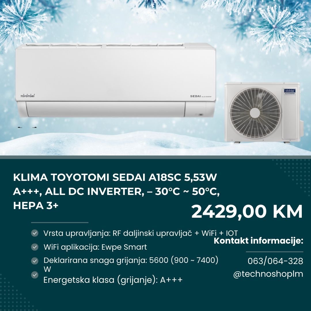 Klima TOYOTOMI Sedai A18SC 5,53W A+++,Inverter, -30C-50C,HEPA 3+ — fotografija 1