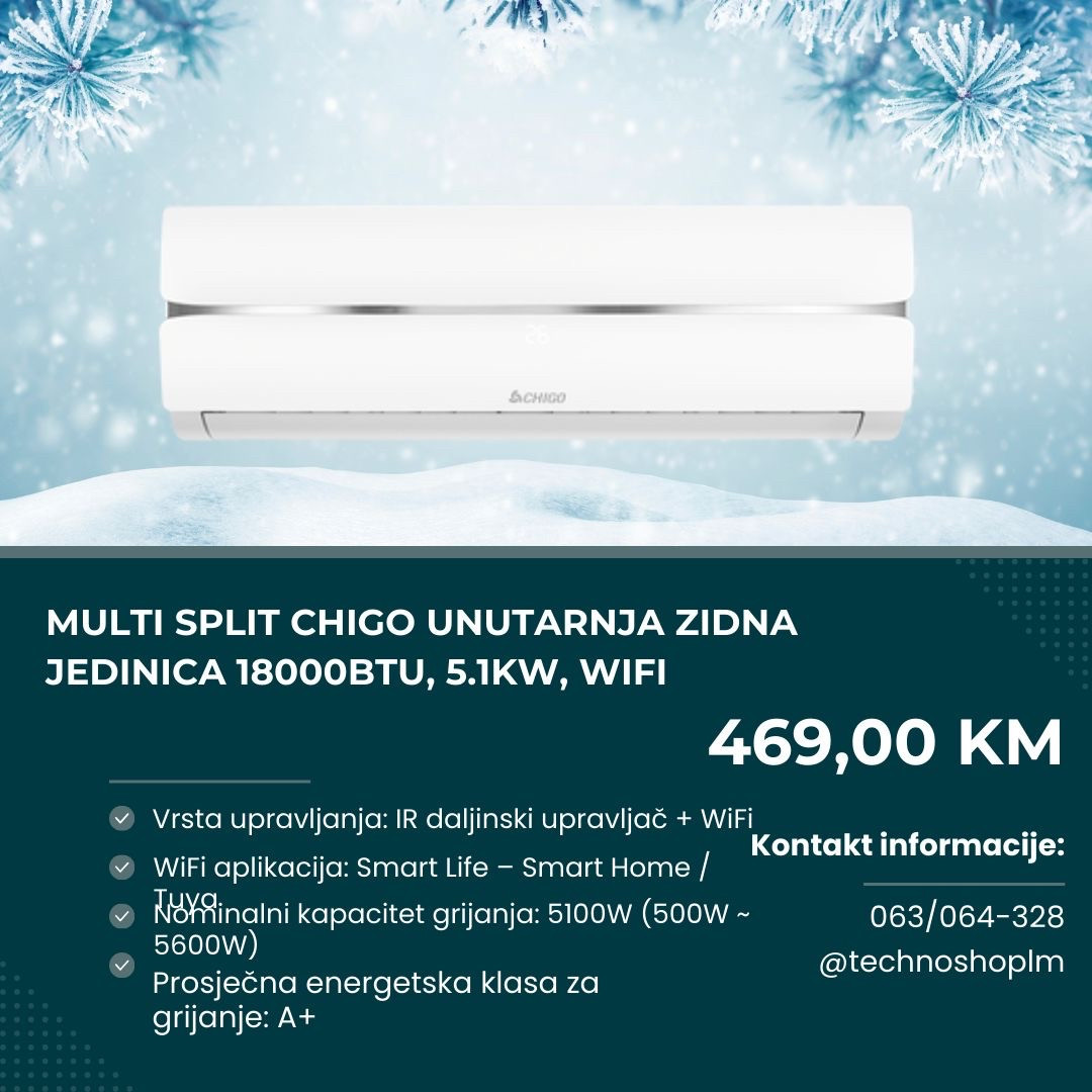 Multi split Chigo unutarnja zidna jedinica 18000BTU, 5.1kW, WiFi — fotografija 1