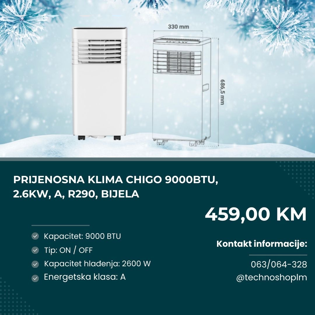 Prijenosna klima Chigo 9000BTU, 2.6kW, A, R290, bijela — fotografija 1