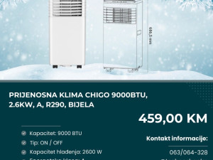 Prijenosna klima Chigo 9000BTU, 2.6kW, A, R290, bijela