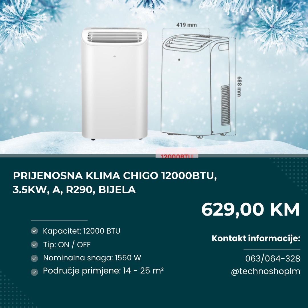 Prijenosna klima Chigo 12000BTU, 3.5kW, A, R290, bijela — fotografija 1