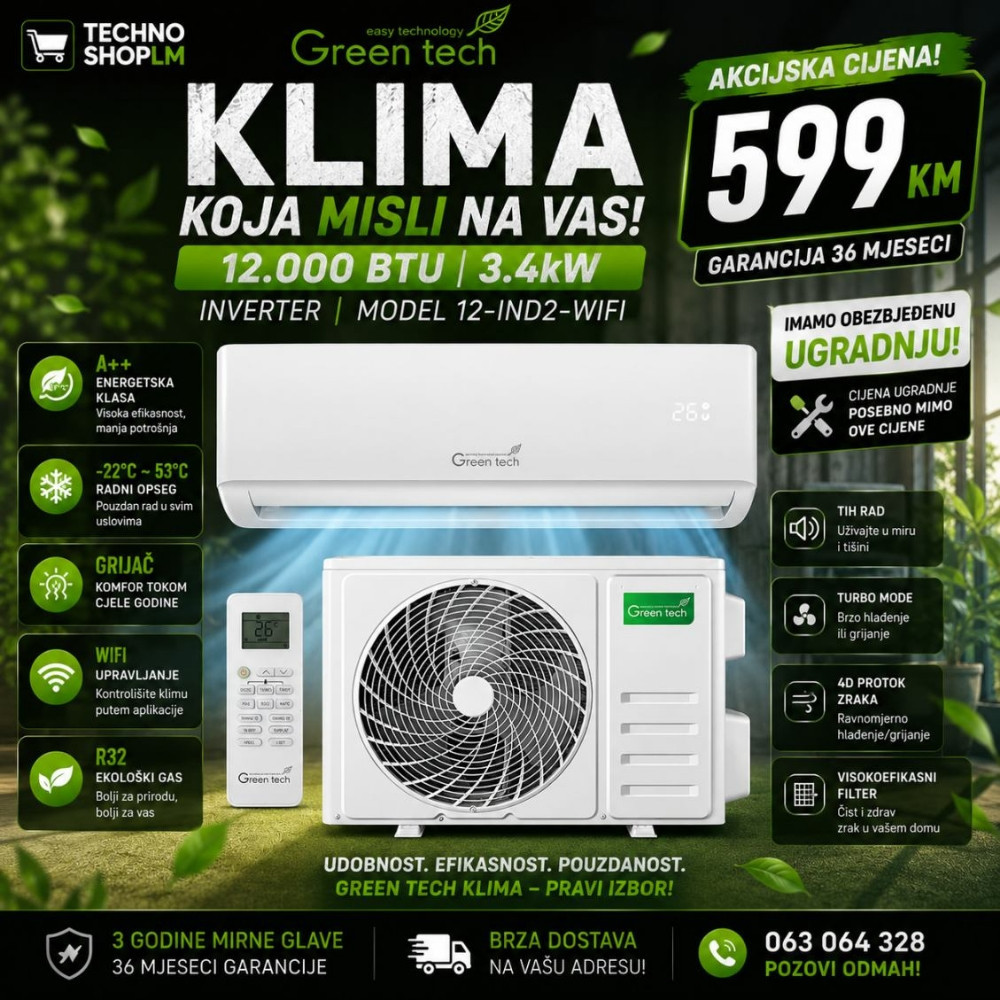 Green Tech 12K Inverter WiFi Klima A++ Grije do -22C — fotografija 1