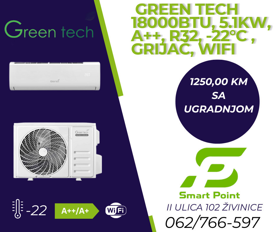 Klima Green Tech 18000BTU, 5.1kW, A++, R32, -22C s grijačem, WiFi — fotografija 1