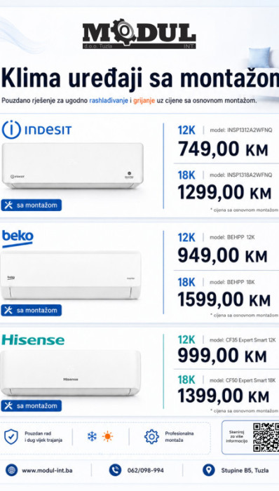 PRODAJA MONTAZA KLIMA,KLIME,HISENSE BEKO GREE MIDEA TESLA INDESIT — fotografija 1