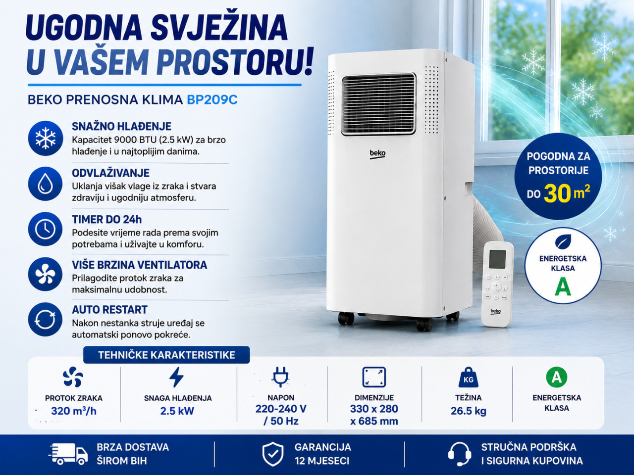 Akcija BEKO Prenosna Klima 9000 BTU ventilator hlađenje 30m2 — fotografija 1