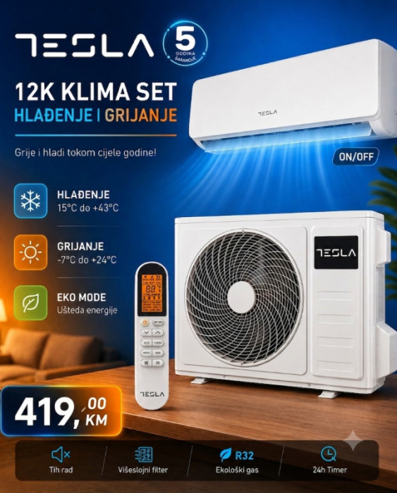 KLIMA UREDJAJ TESLA 12-KA, 5 GODINA GARANCIJA, AKCIJA — fotografija 1